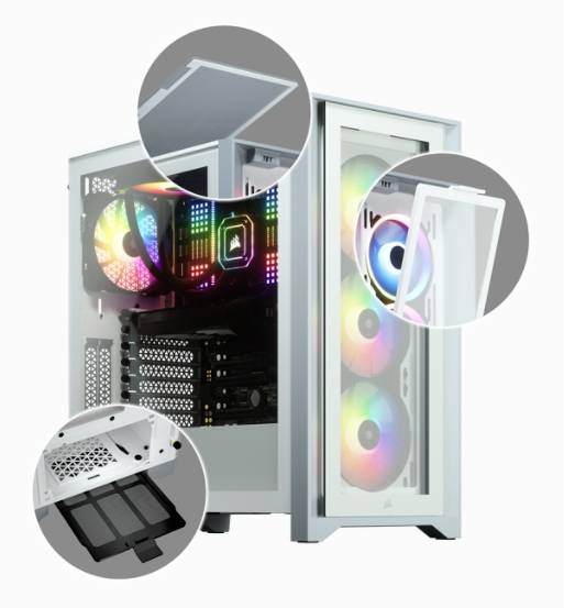 Weißes PC-Gehäuse mit RGB-Beleuchtung, offenen Abdeckungen und Lüftern. Zeigt Innenansicht mit Kabelmanagement und Lüfterdetails.