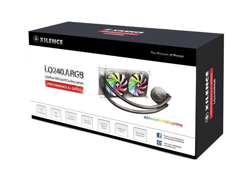 'Xilence LQ240.ARGB' Verpackung zeigt ein Flüssigkühlsystem mit RGB-Beleuchtung für Computer. Enthält das Logo und Produktinfos.