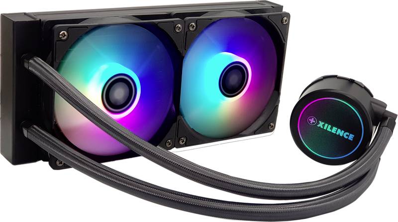 Flüssigkeitskühlsystem mit zwei Neon-LED-Lüftern und einer Pumpe mit logoaufdruck von 'XILENCE'.