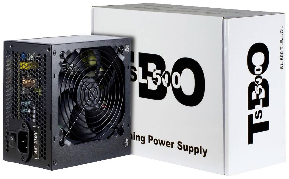 'TS-500' Netzteil vor seiner Verpackung. Enthält Lüfter und Anschluss für Stromkabel. Verpackung beschriftet mit 'TS-500'.