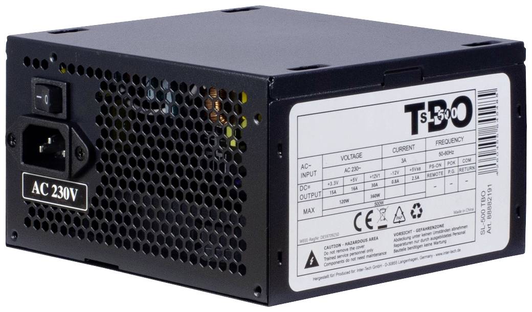 Schwarzes Computernetzteil TD500 mit Etikett: AC-Eingang 230V, Ausgangsleistung 500W. Enthält Rückseite mit Lüftungsgitter.