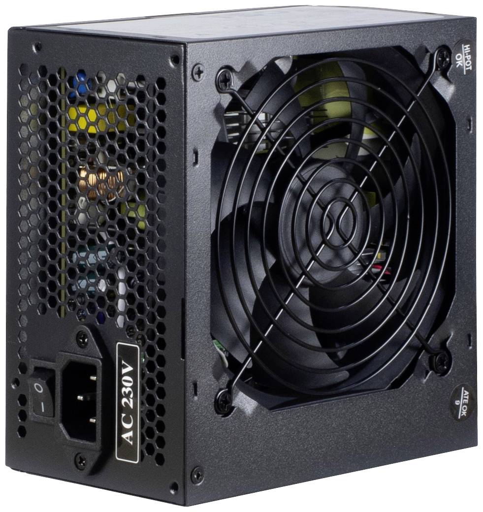 Schwarzes Computer-Netzteil mit Lüfter, Lüftungsgitter und Netzsteckeranschluss. Markierung 'AC 230V' sichtbar.