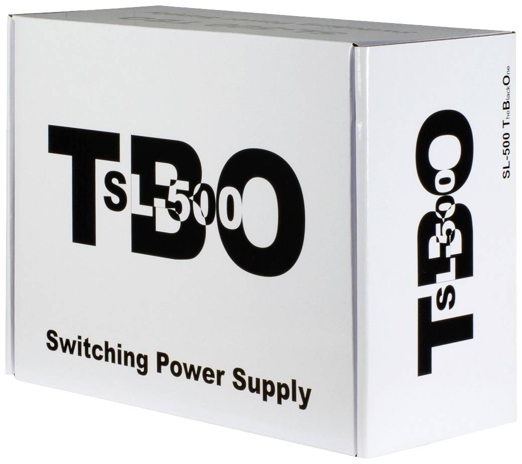 Weiße Verpackung mit der Aufschrift 'TBO SL-500 Switching Power Supply'.