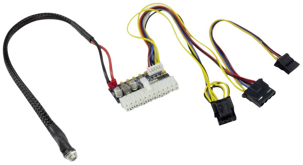 Kabelbaum mit Steckverbindungen und Platine, wahrscheinlich für die Stromversorgung von Computerkomponenten.