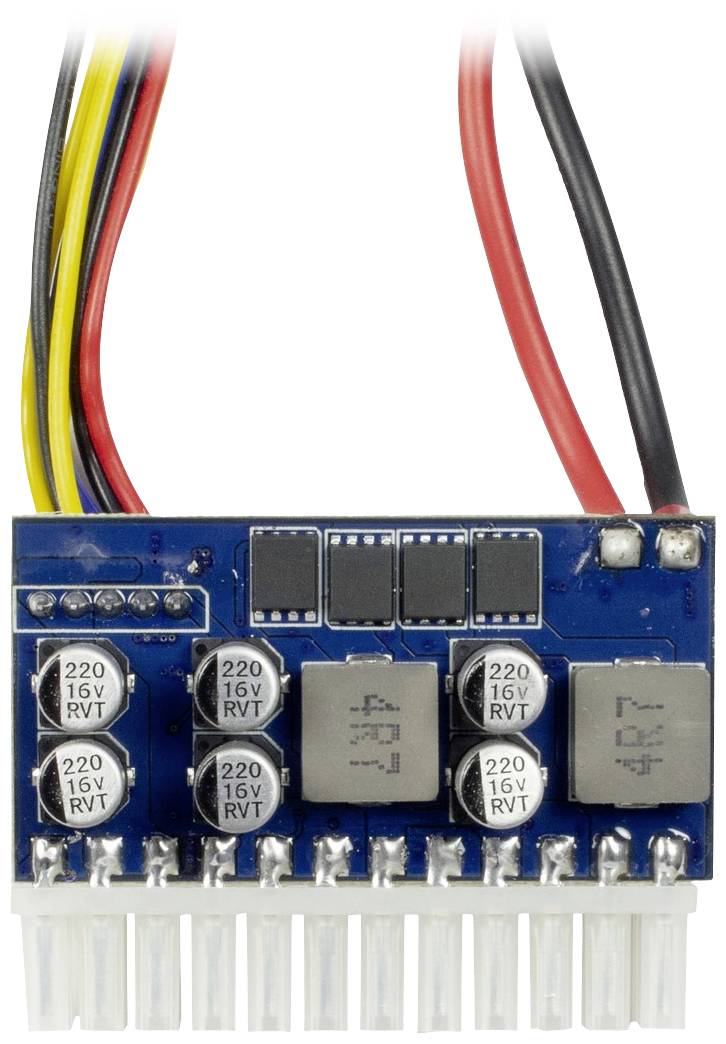 Ein blaues Elektronikboard mit mehreren Kondensatoren und farbigen Kabeln, die oben hervorragen.
