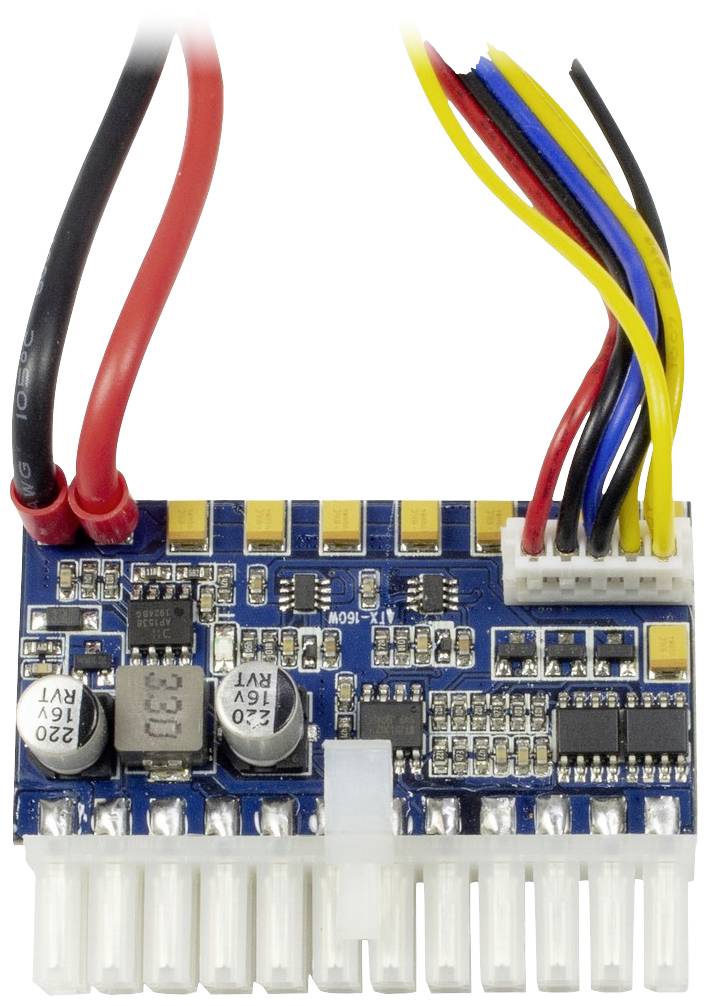 Kompakte elektronische Platine mit mehreren farbigen Kabeln und Anschlüssen.