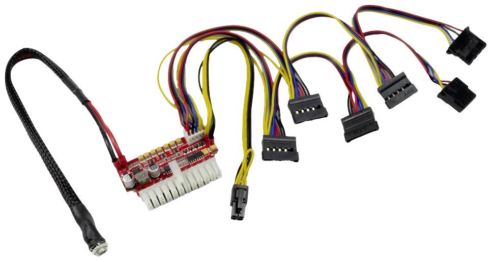 Eine elektronische Leiterplatte mit mehreren bunten Kabeln und Steckern wird gezeigt. Sie scheint Teil eines Stromversorgungssystems zu sein.