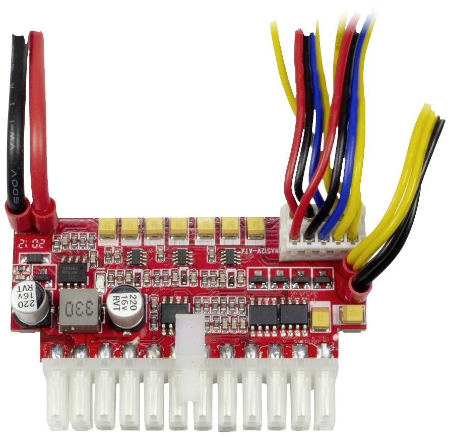 Eine rote Leiterplatte mit mehreren Steckverbindungen und Drähten in verschiedenen Farben. Sie enthält elektronische Komponenten.