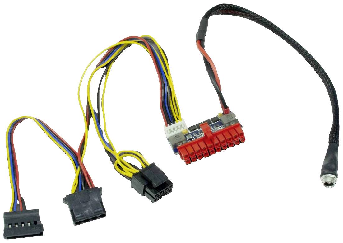 Verschiedene Kabel mit einem Stecker verbunden, typischerweise zur Stromversorgung in Computerhardware verwendet.