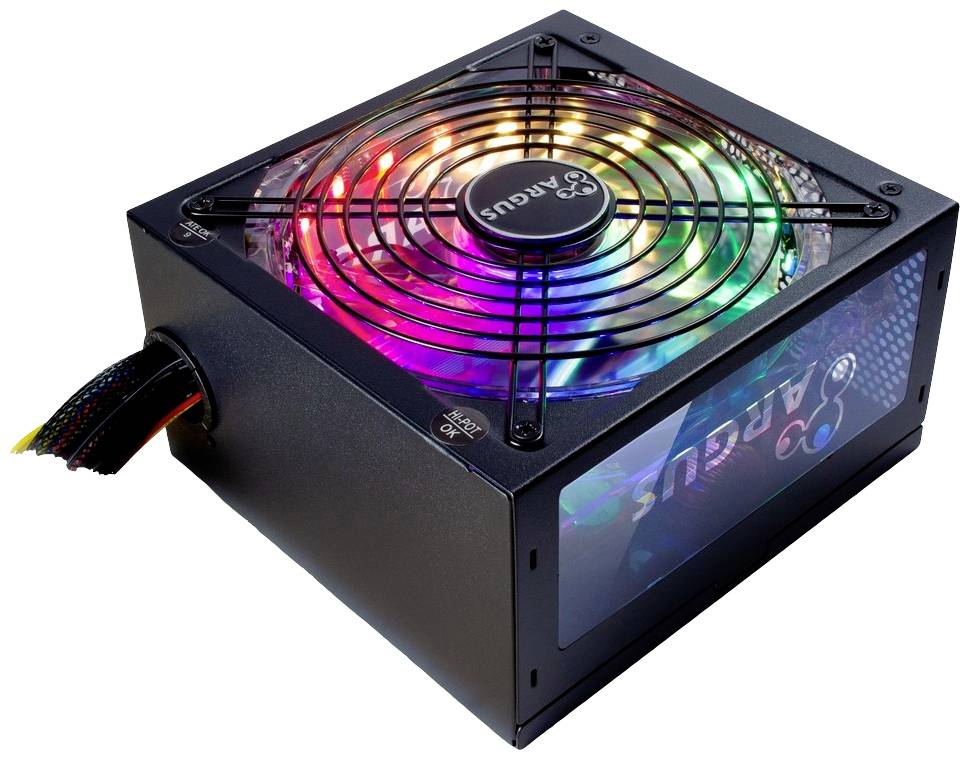 Netzteil mit RGB-Beleuchtung und Lüfter, zeigt das Logo einer Marke an der Seite. Stromkabel ragt aus der Rückseite des Gehäuses.