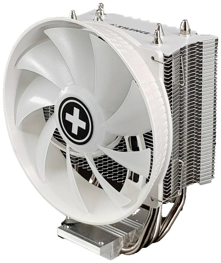 Ein weißer Computerkühler mit großem Lüfter und Kühlrippen aus Metall, designed für die Wärmeableitung in PC-Gehäusen.