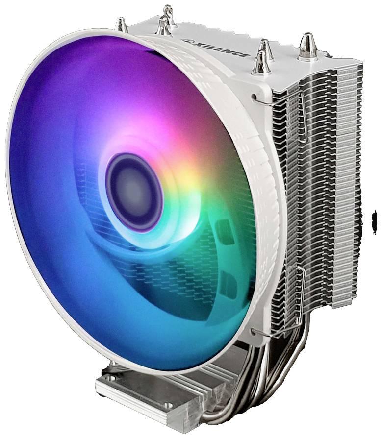 Ein CPU-Kühler mit großem, rundem Lüfter, der in einem Spektrum von Regenbogenfarben leuchtet; Metallrippen zur Kühlung.