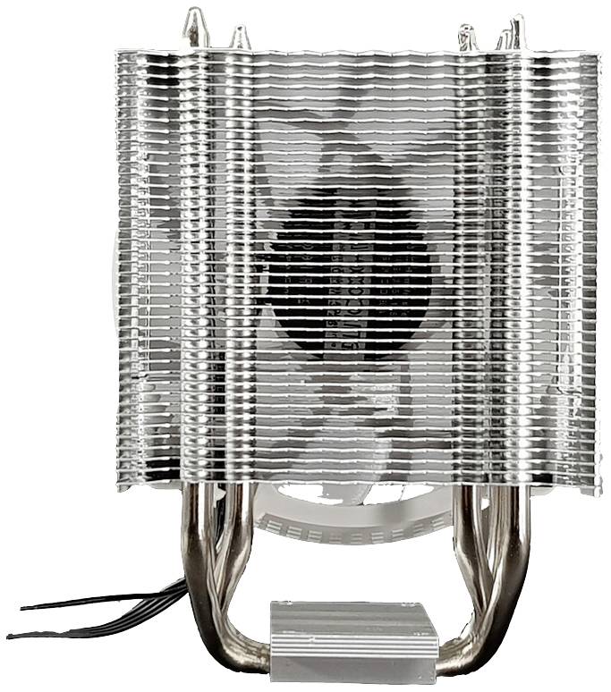 Ein silberner CPU-Kühler mit Lamellen und Heatpipes, frontalansicht. Enthält einen eingebauten Lüfter zur Kühlung von Computerprozessoren.
