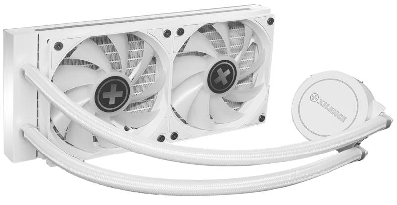 Weiße Flüssigkeitskühlungseinheit mit zwei Lüftern und zwei Schläuchen, geeignet für den Einsatz in Computergehäusen zur Wärmeableitung.