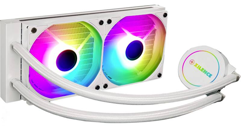 Eine zweifache RGB-beleuchtete Lüfter-Wasserkühlungseinheit mit weißen Schläuchen und einem runden Pumpengehäuse mit Logo.