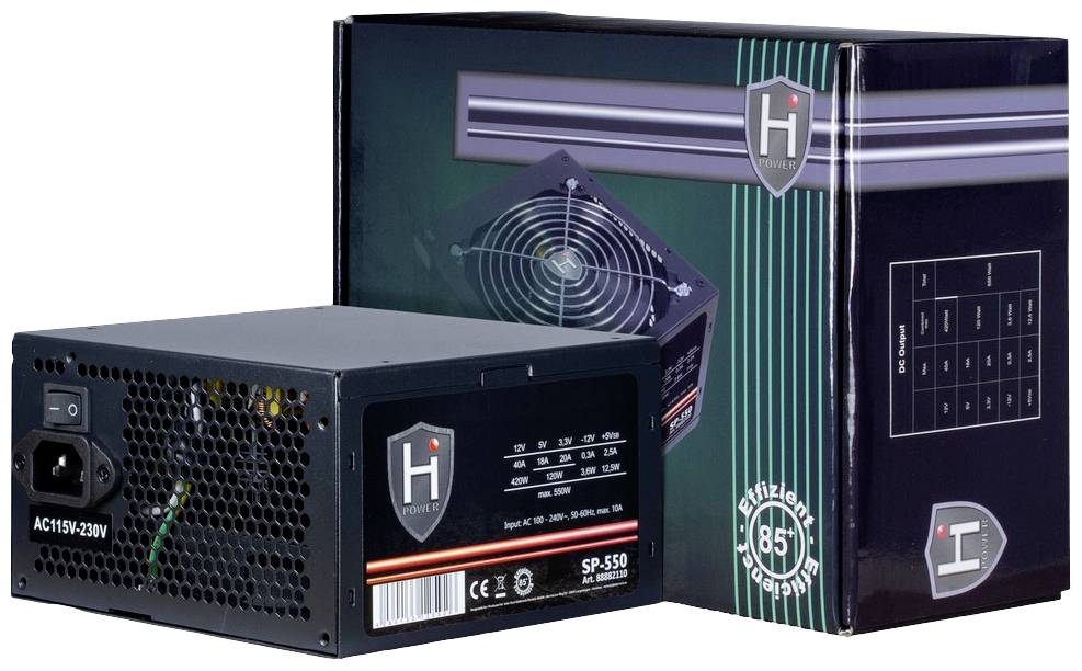 Schwarzes PC-Netzteil mit Lüfter neben der Verpackung, die technische Details zeigt. Markenzeichen 'H' und Modell SP-550 sichtbar.