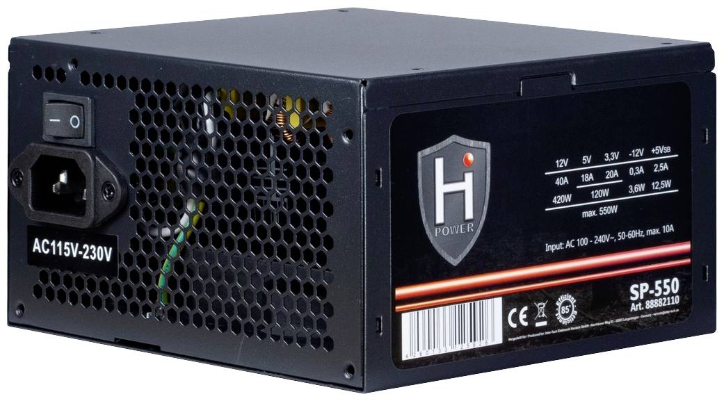 Schwarzes Computer-Netzteil mit Lüftungsgitter und Etikett, das Spannungsbereich AC115V-230V, Modell SP-550 und Leistung 550W anzeigt.
