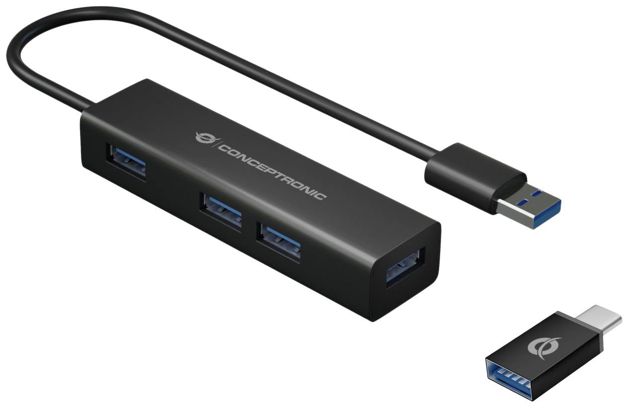 Schwarzer USB-Hub mit vier USB 3.0-Anschlüssen und angeschlossenem Kabel. Daneben ein kleinerer, separater USB-C-Adapter.