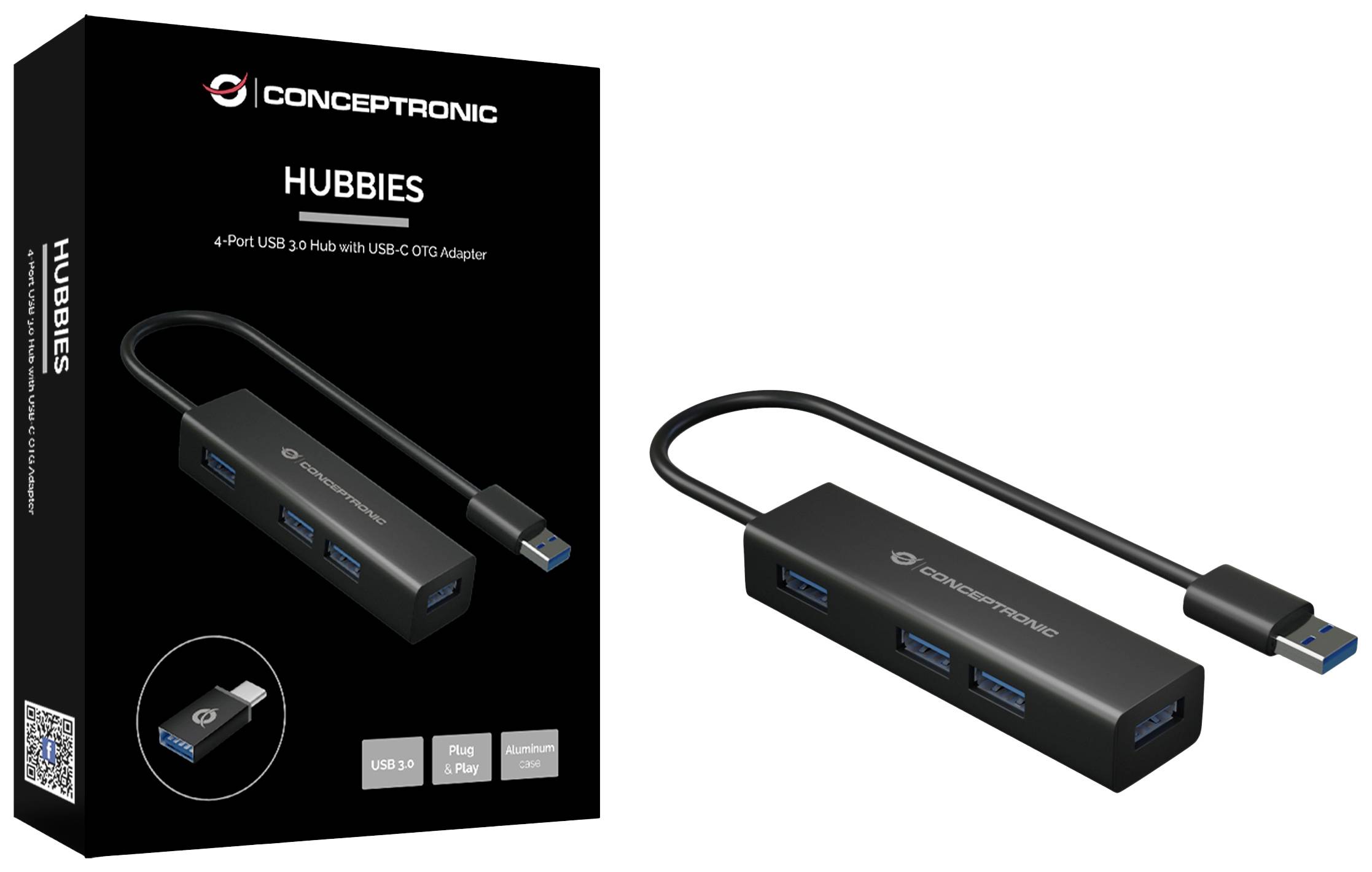 'CONCEPTRONIC HUSBIES' USB 3.0 Hub mit 4 Ports. Abgebildet in Originalgröße und Verpackung. Eignet sich für USB-C/10 Adapter.