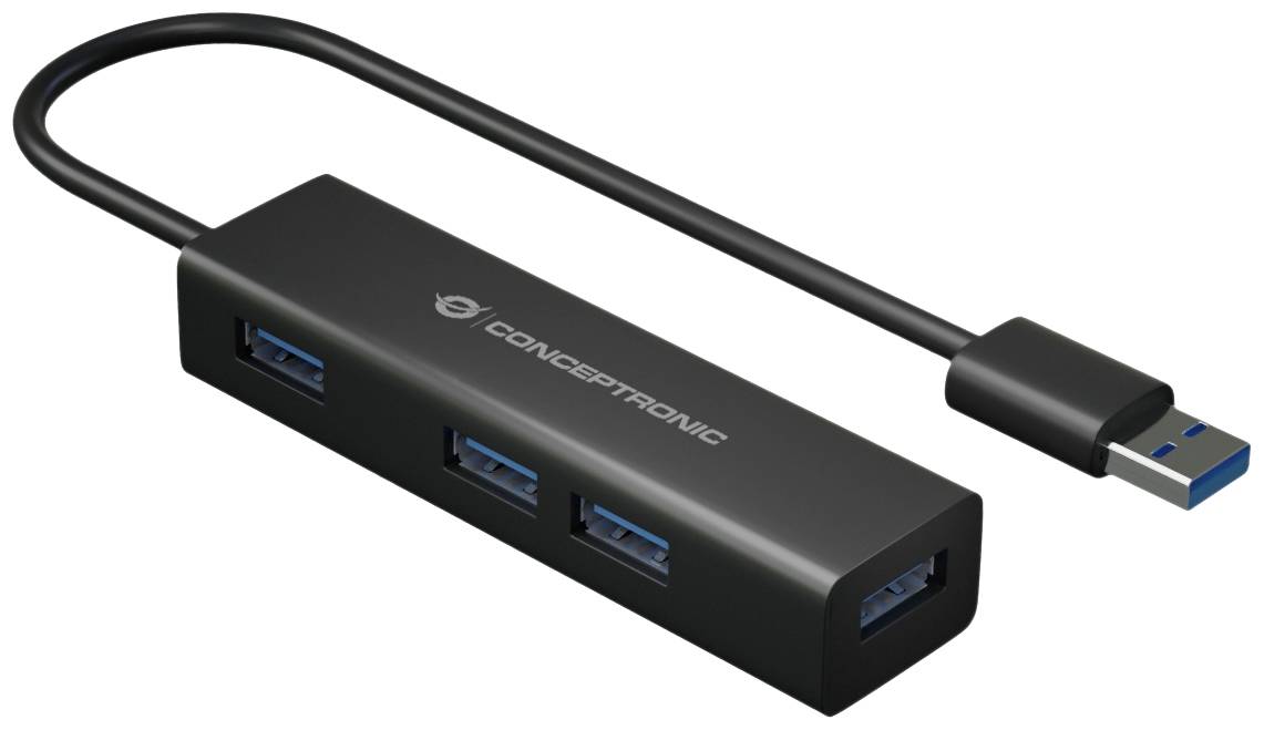 Schwarzer USB-Hub mit vier USB-Anschlüssen und einem kurzen Kabel, ideal zum Erweitern der USB-Konnektivität an Computern oder Laptops.