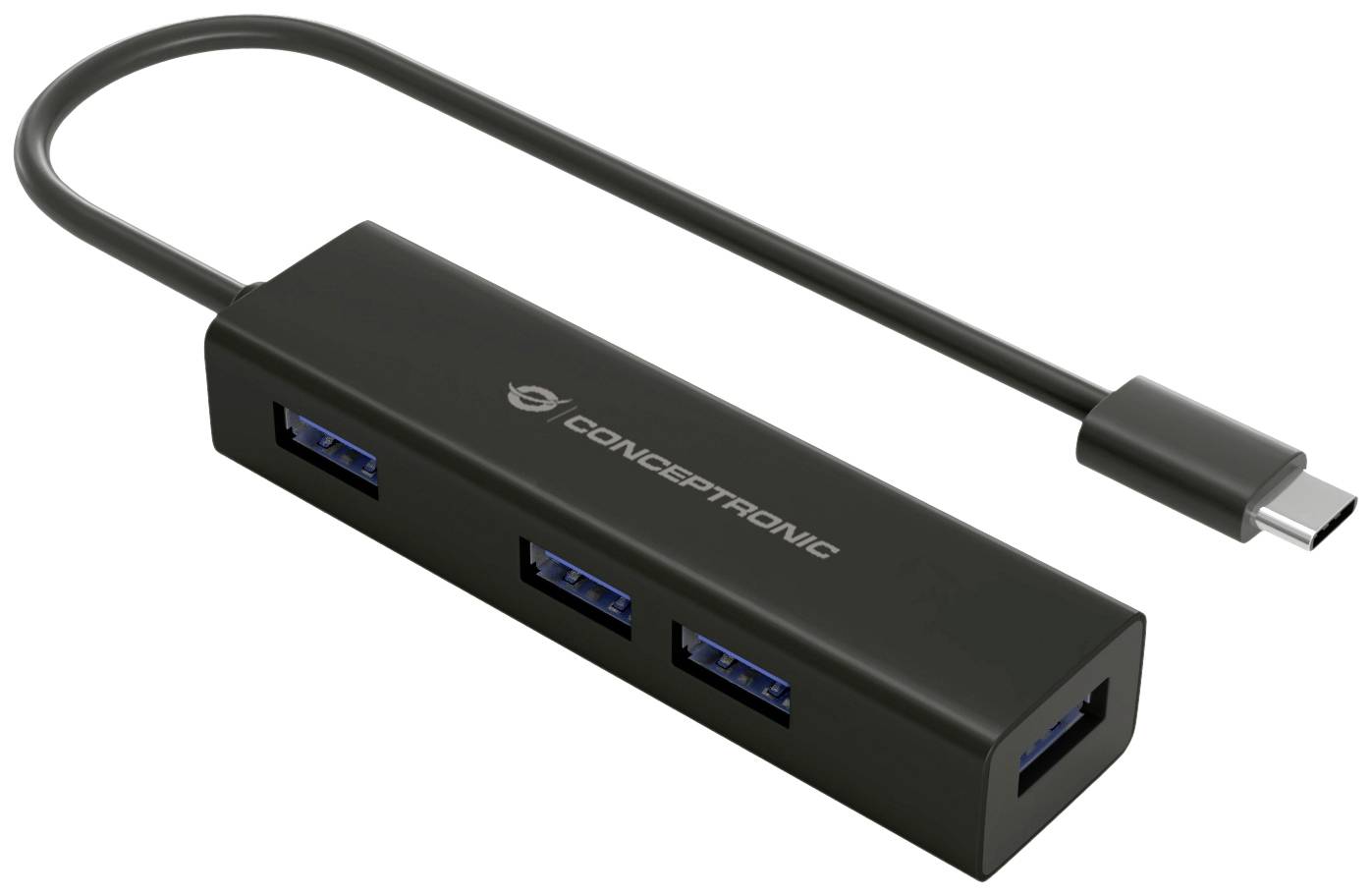 Ein USB-C-Hub mit vier USB 3.0-Anschlüssen, geeignet zum Verbinden mehrerer Geräte mit einem Laptop oder Computer.