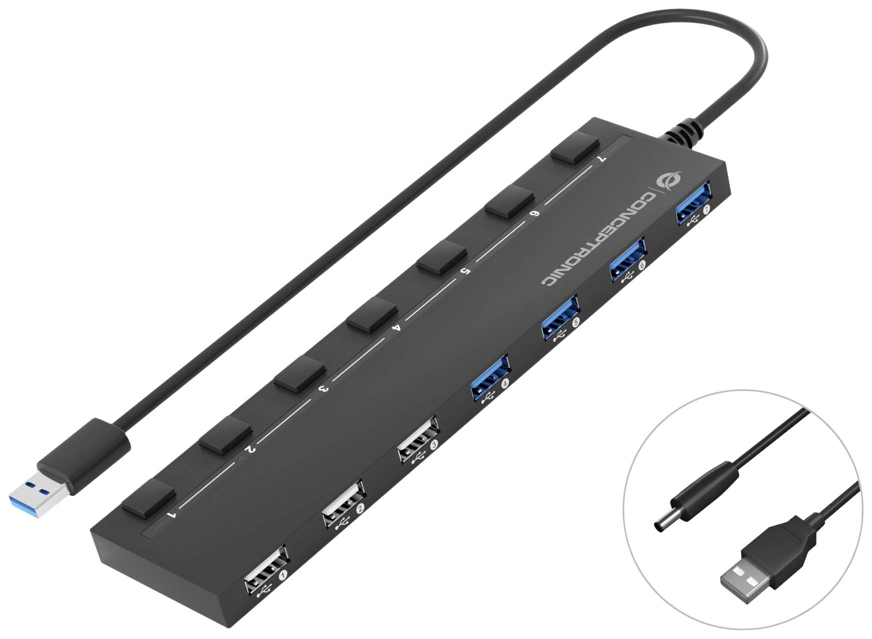Conceptronic HUBBIES09B USB-Hub 7 Port USB-A USB 3.2 Gen1 5 GBit/s Schwarz HUBBIES09B
