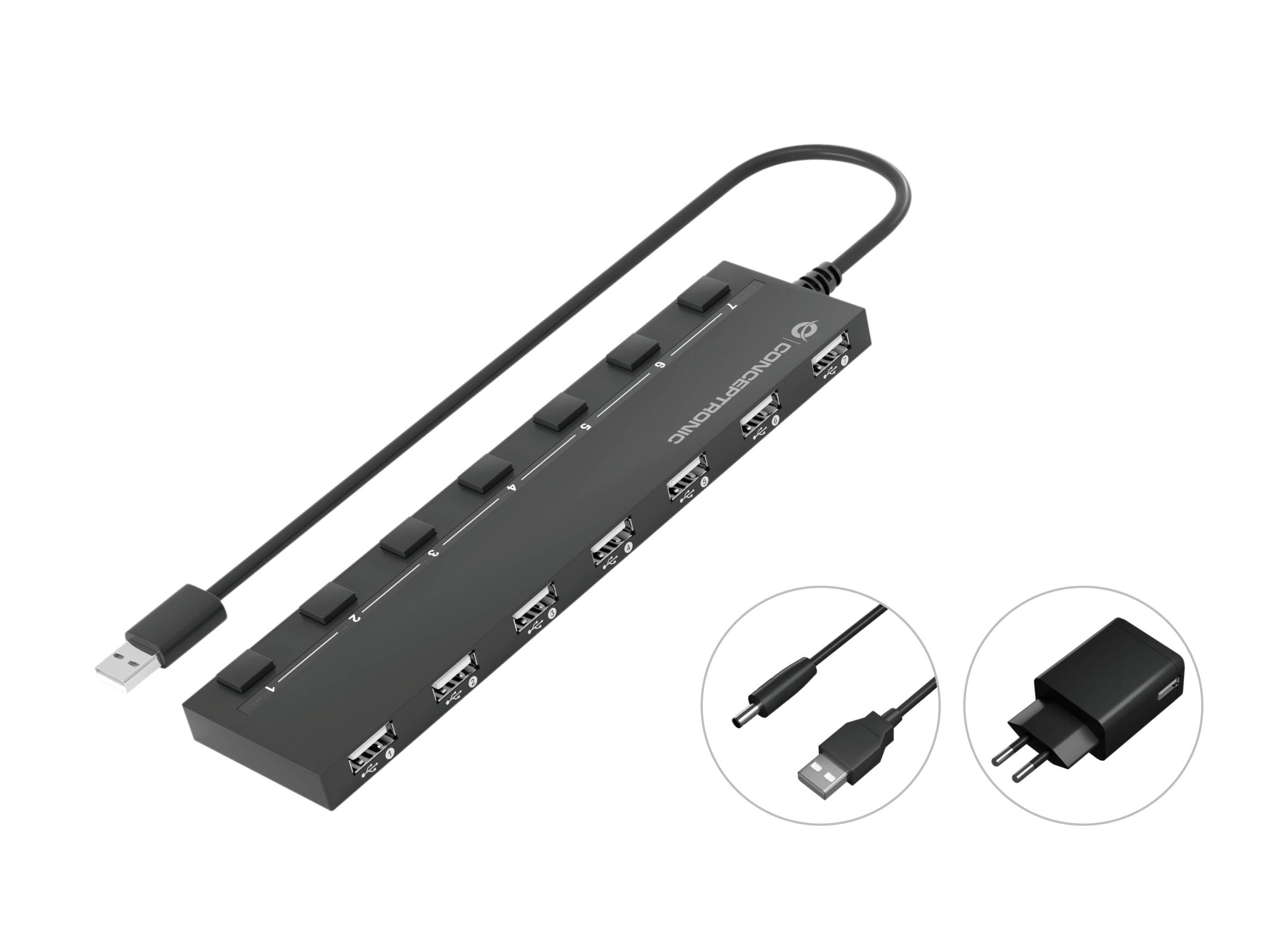 Ein USB-Hub mit sieben Anschlüssen und Netzteil. Zeigt die Verbindungsmöglichkeiten für mehrere USB-Geräte an.