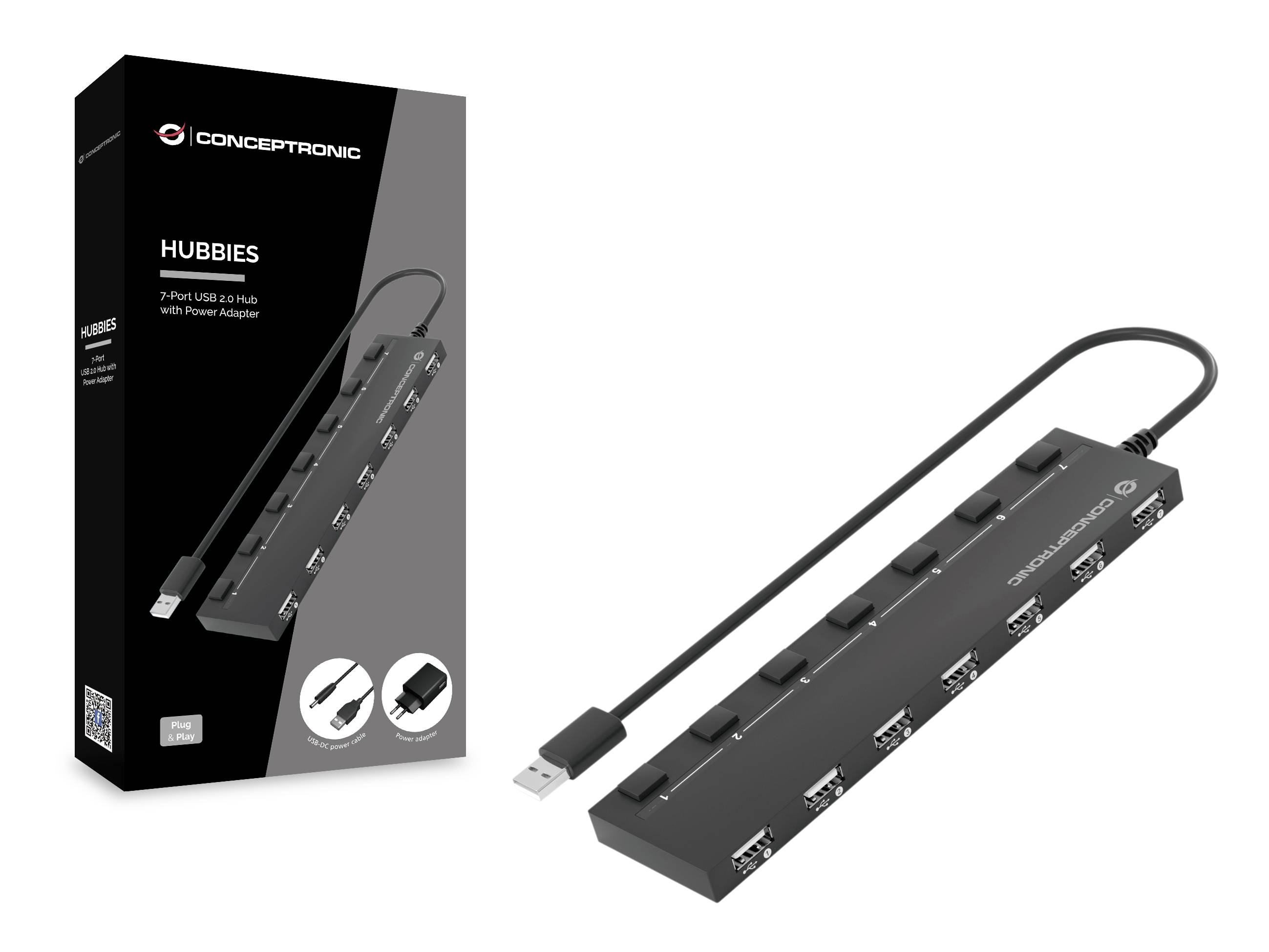 Ein schwarzer USB-Hub mit sieben Anschlüssen und einem Stromanschluss. Die Verpackung zeigt das Produkt und die Anschlussmöglichkeiten.