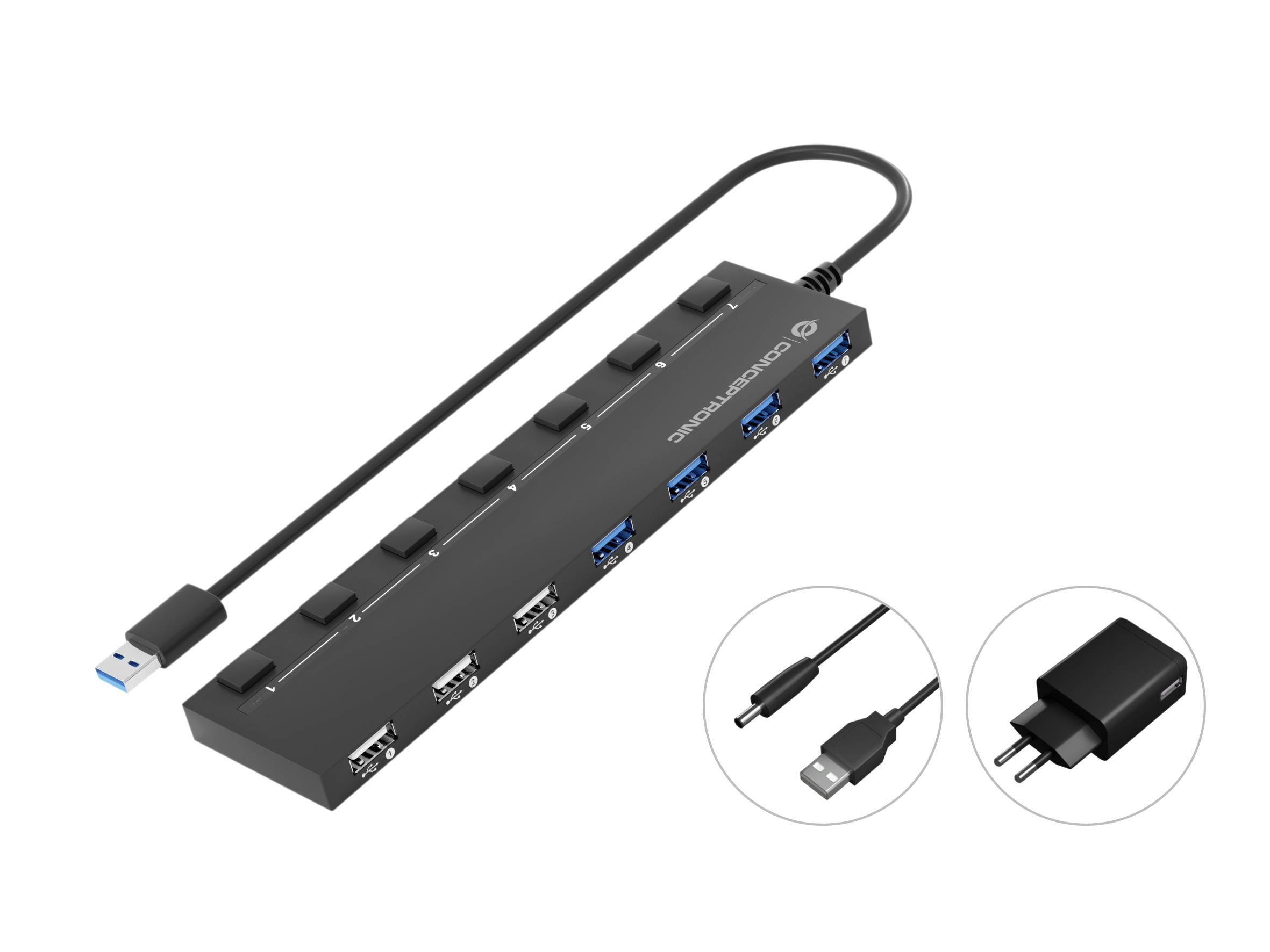 Conceptronic HUBBIES09BP USB-Hub 7 Port USB-A USB 3.1 Gen1 5 GBit/s Schwarz HUBBIES09BP