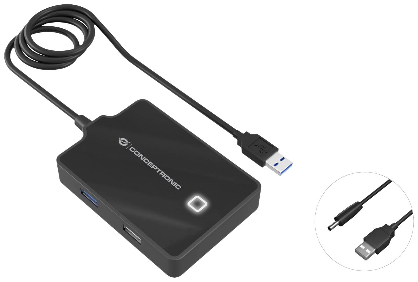 Externe Festplattengehäuse mit USB-Kabel. Schwarzes Gehäuse mit leuchtendem Symbol. Geeignet für Datenübertragung und Speicherung.