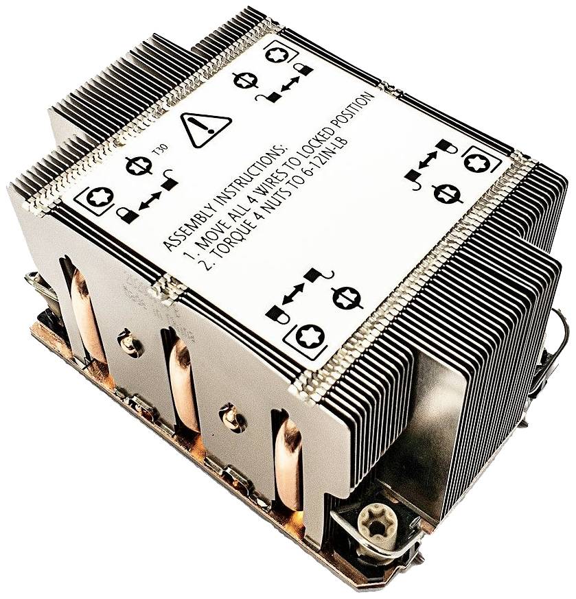 Kühler für Computerprozessor mit Kühlrippen aus Metall und Anweisungen zur Montage auf der Oberseite.