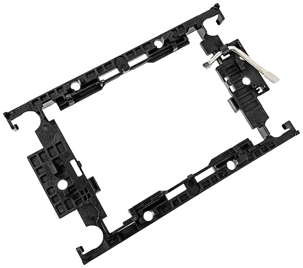 Schwarzer Kunststoffrahmen für elektronische Bauteile, mit mehreren Befestigungspunkten und Hebelmechanismus auf der rechten Seite.