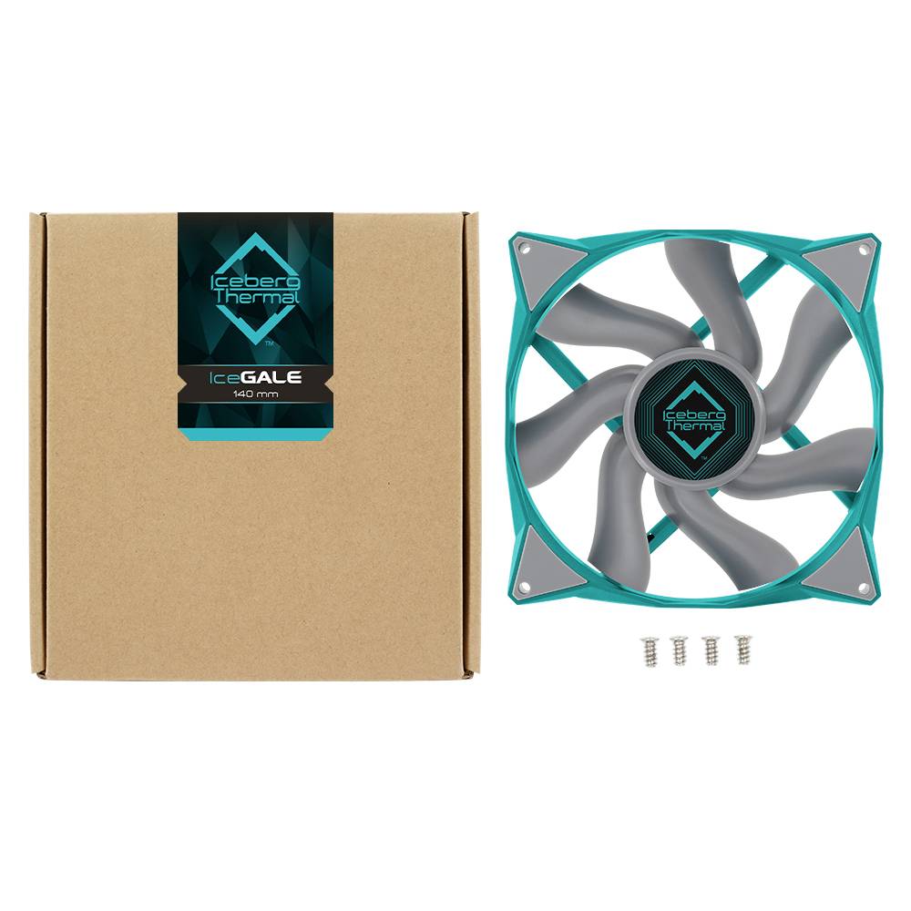 Computer-Lüfter-Set mit 140 mm Iceberg Thermal Lüfter, neben einem Karton. Vier Schrauben sind vor dem Lüfter platziert.