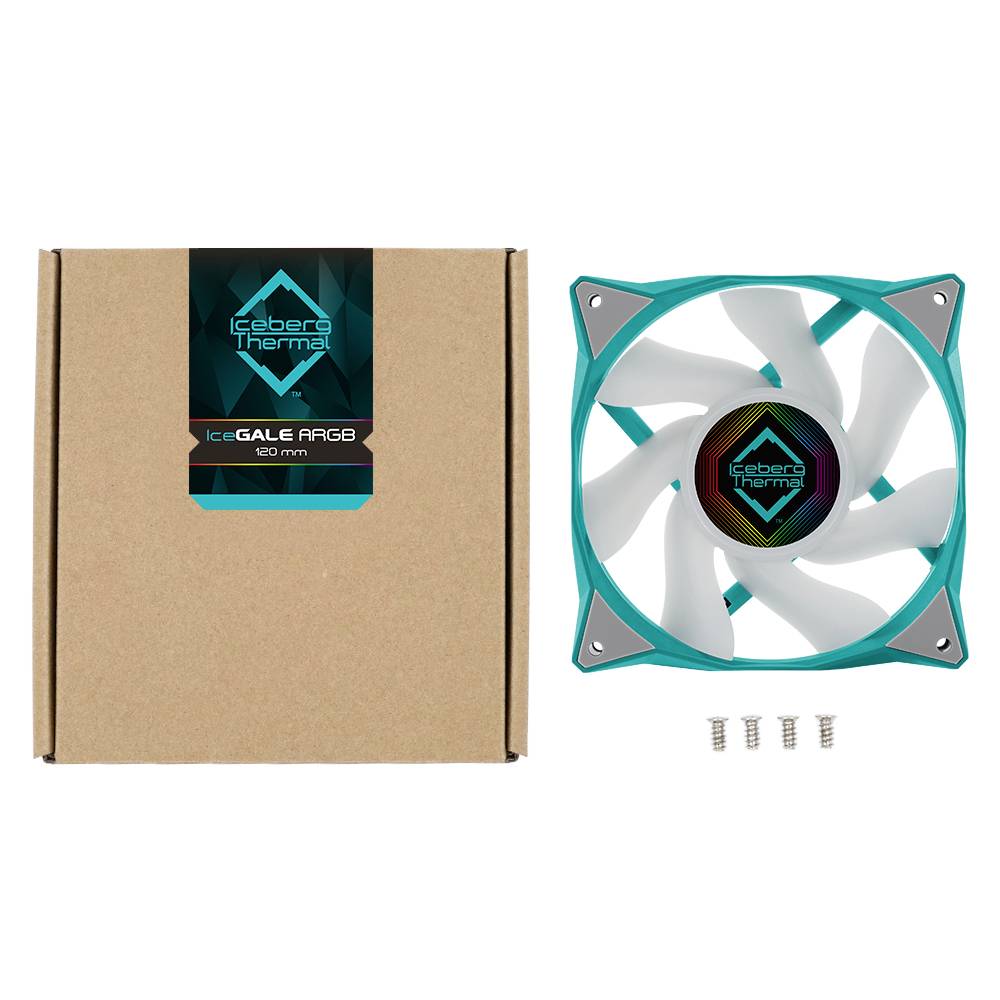 Lüfter von Iceberg Thermal, Modell IceGALE ARGB, 180 mm, weiß-türkis, mit Verpackung und vier silbernen Schrauben.