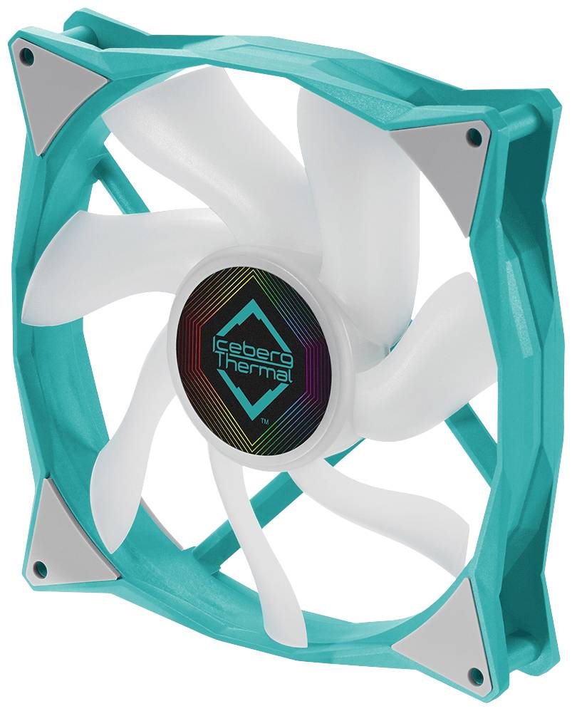 Ein türkisfarbener Computerlüfter mit sieben weißen Rotorblättern und einem Logo in der Mitte.