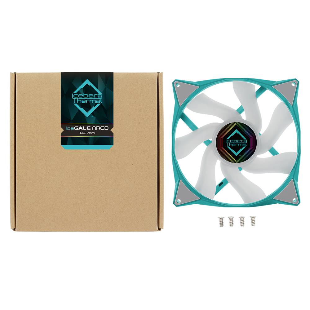 Kartonverpackung neben einem Computerlüfter mit weißen Flügeln, türkisfarbenem Rahmen und Schrauben, zeigt Marke 'Iceberg Thermal'.