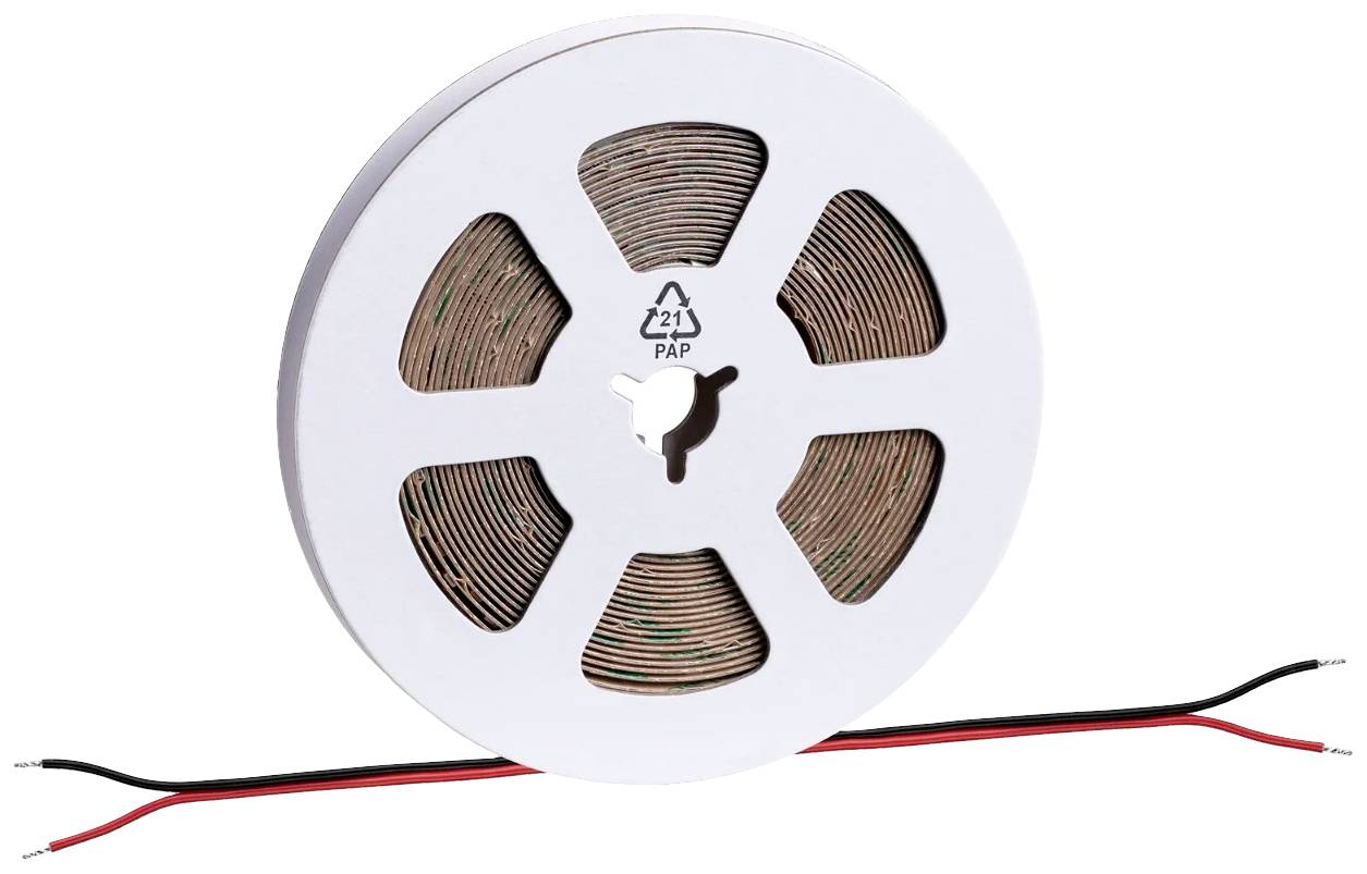 Eine Rolle mit LED-Streifen und roten sowie schwarzen Drähten, bereit zur Installation.