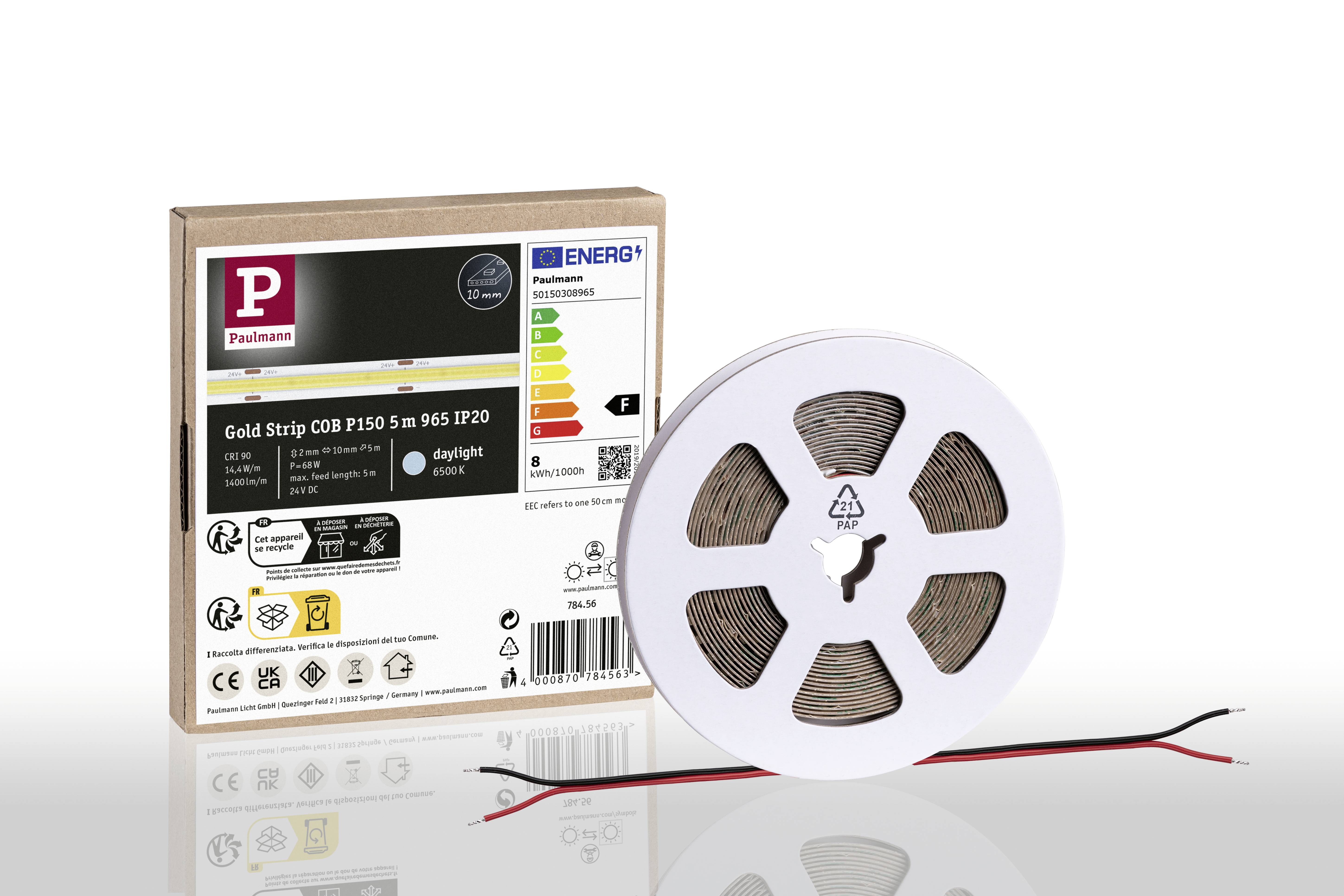 Verpackung und Rolle eines LED-Lichtbands mit Energieeffizienz-Label. Marke 'Paulmann', Modell 'Gold Strip 5m'.