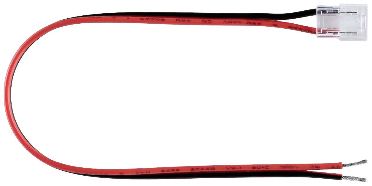 Zwei isolierte Kabel, eines rot, eines schwarz, angeschlossen an einen transparenten Kunststoffstecker mit offenen Enden auf der anderen Seite.