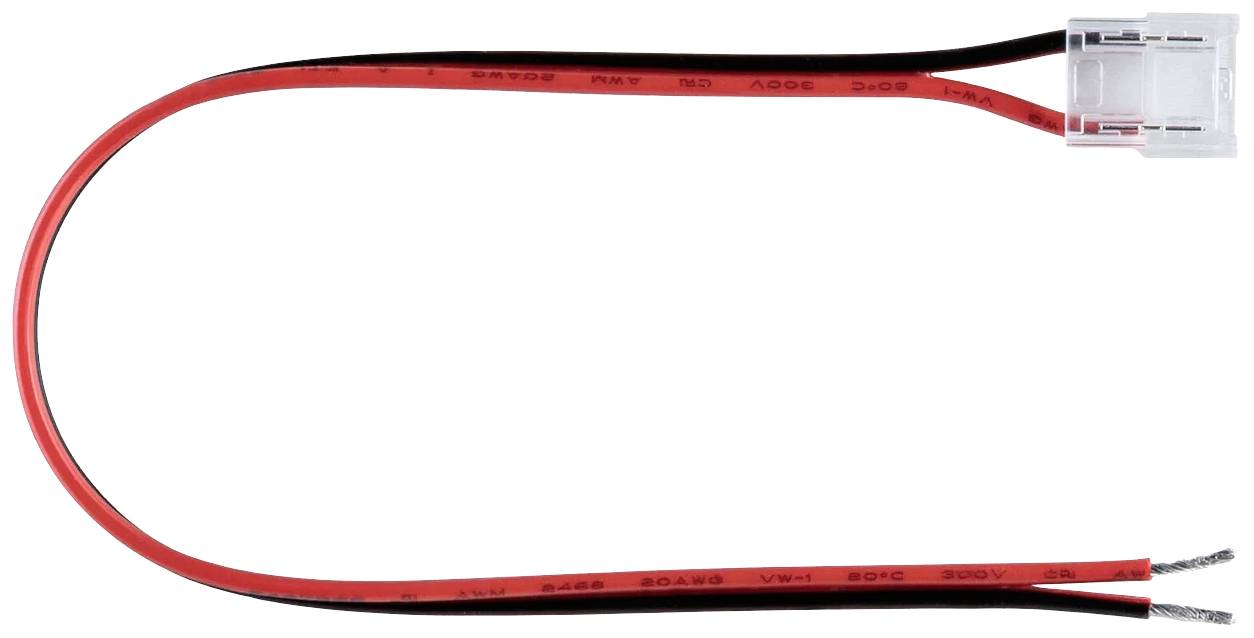 Ein rot-schwarzes Kabel mit offenem Ende und einem transparenten Stecker.