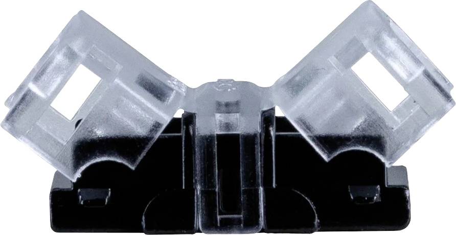 Kunststoffklemme mit zwei transparenten Flügeln auf schwarzer Basis, typisches Zubehörteil für Kabelbefestigungen.