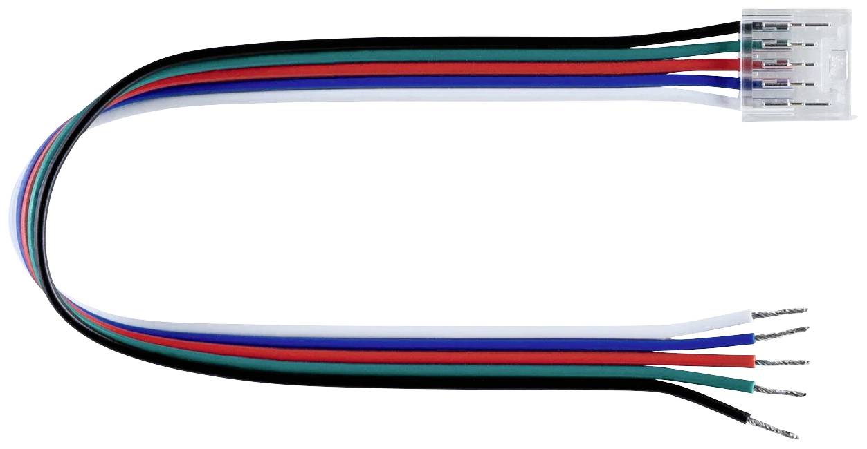 Flachbandkabel mit fünffarbigen Drähten, die in einem Kunststoffstecker enden. Geeignet für elektronische Verbindungen.