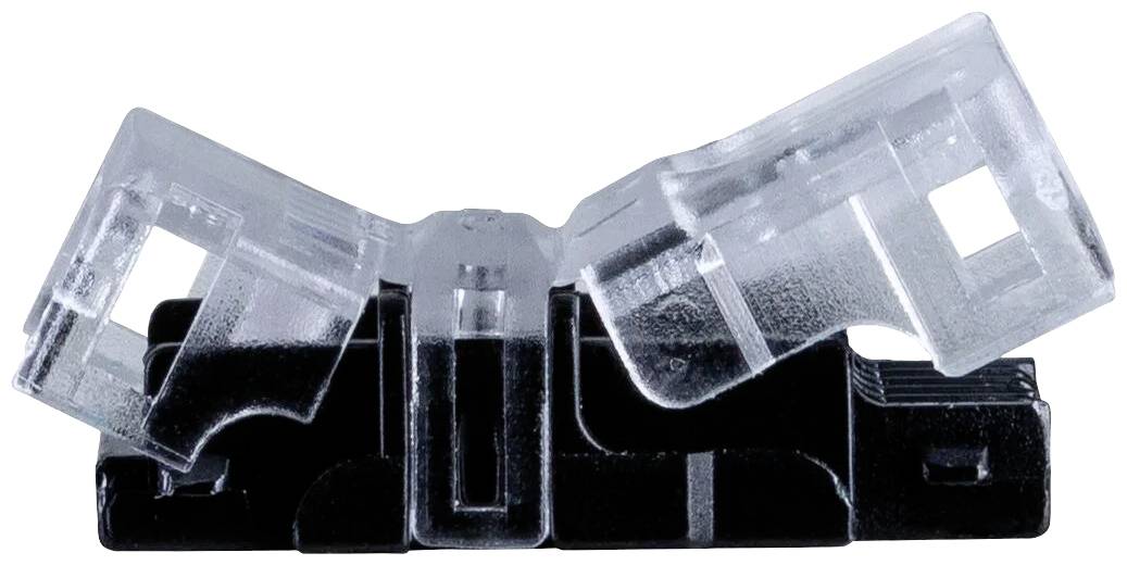 Eine Kunststoffverbindungshülse, bestehend aus zwei transparenten Teilen auf einer schwarzen Basis, dient zur Kabelverbindung.