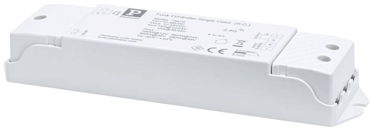 Ein rechteckiger Funk-Controller für Beleuchtung mit technischen Spezifikationen und Zertifizierungslogos auf der Oberseite.