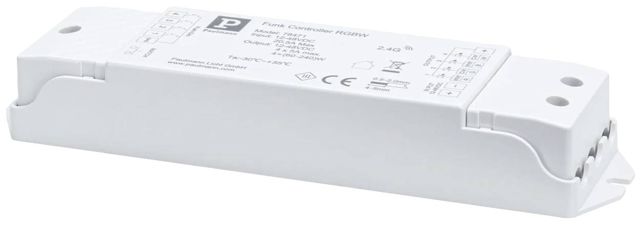 Ein rechteckiges, weißes Gerät mit Bedienelementen und technischer Beschriftung oben. Es ist ein Funk-Controller für LED-Beleuchtung.