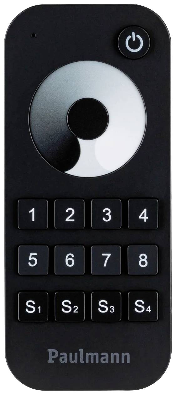 Schwarze Fernbedienung mit Zahlen 1 bis 9 und Tasten S1 bis S4. Oben ein Ein/Aus-Schalter und ein kreisförmiges Muster, Marke Paulmann.