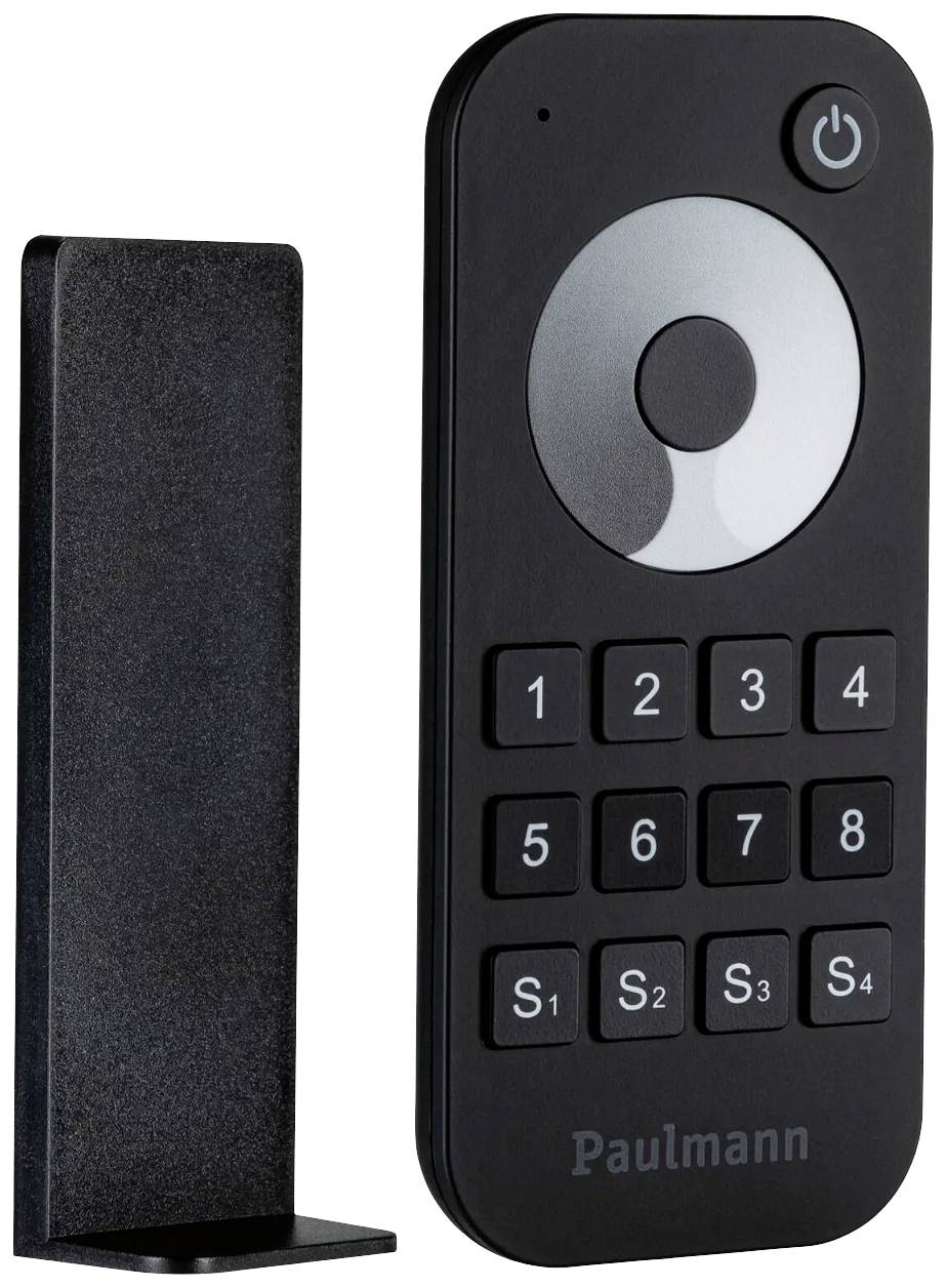 Eine schwarze Fernbedienung mit Zahlentasten 1-9, Tasten S1-S4, und einem Ein-/Ausschaltknopf. Links daneben eine vertikale Halterung.