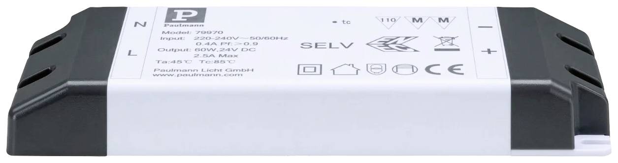 Weißes elektronisches Gerät mit schwarzem Rand, Beschriftung zeigt Spezifikationen und Symbole wie CE und SELV.