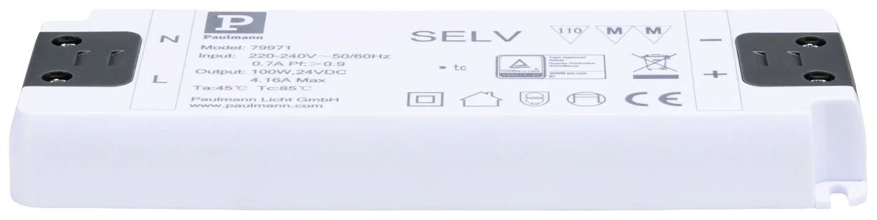 Länglicher elektronischer Transformator für LED-Beleuchtung, mit technischen Spezifikationen und Anschlussklemmen an den Enden.