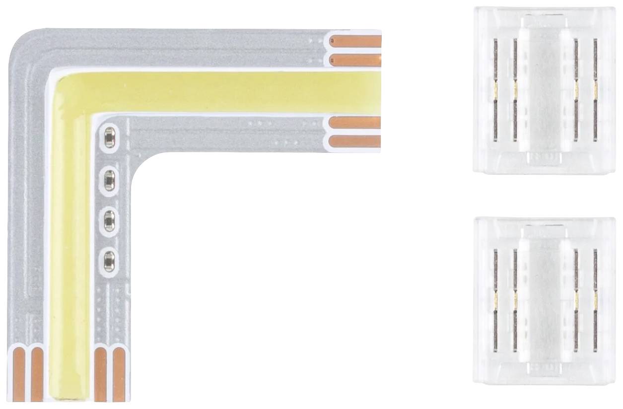 Ein L-förmiger LED-Strip-Verbinder mit einem grauen und gelben Pfad sowie zwei Verbindungsclips, die für flexible 90-Grad-Verbindungen verwendet werden können.